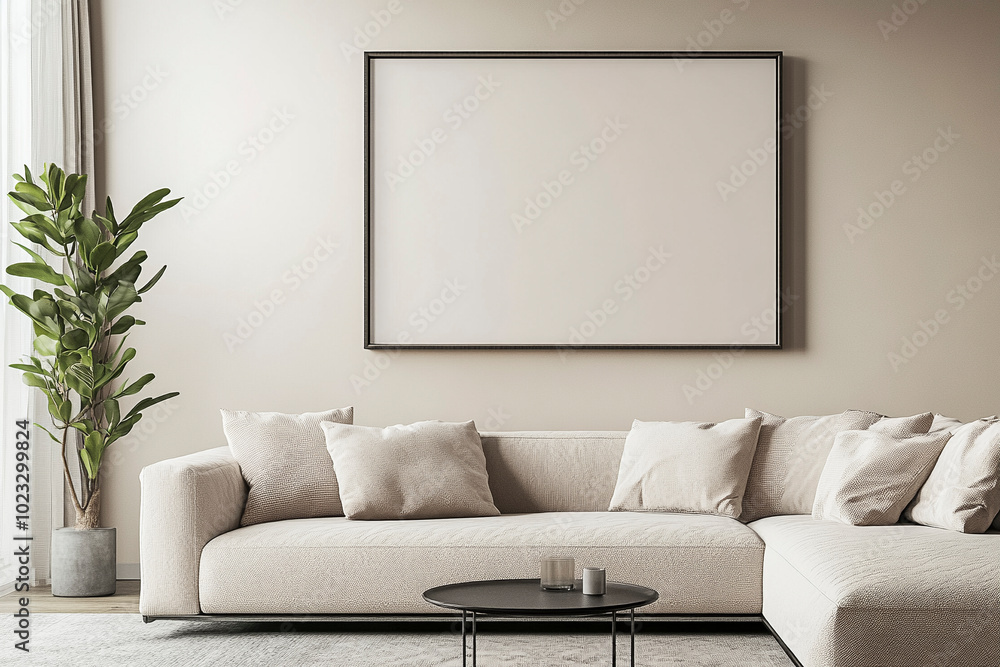 Fototapeta premium Modern Japandi Minimalist Living Room with Art Frame