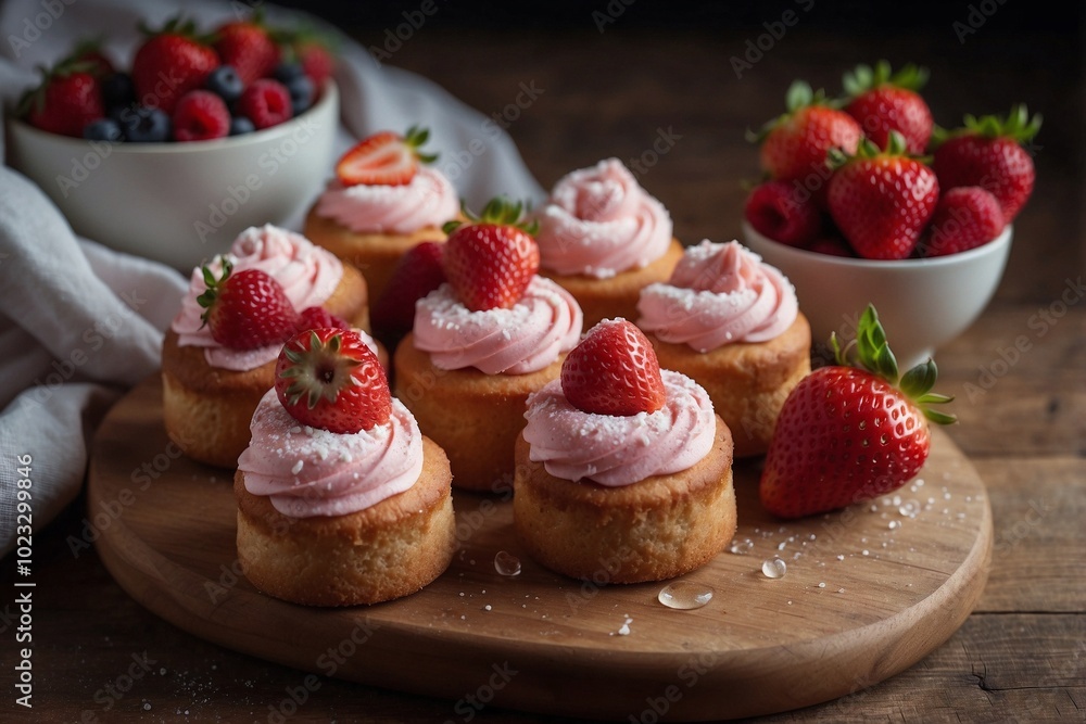 Delightful Set of Strawberry Pastries Beautifully Arranged on a Wooden Cutting Board Delightful Set of Strawberry Pastries Beautifully Arranged on a Wooden Cutting Board