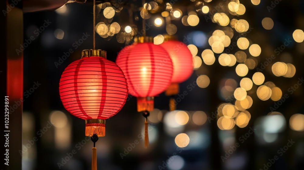 Beautiful red paper lanterns hanging in a line, glowing softly at night with blurred golden sparkles in the background, celebrating a festive night. Beautiful red paper lanterns hanging in a line, glowing softly at night with blurred golden sparkles in the background, celebrating a festive night.
