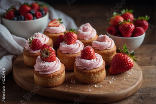 Delightful Set of Strawberry Pastries Beautifully Arranged on a Wooden Cutting Board