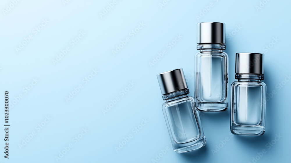 Three empty glass perfume bottles with silver caps arranged on a light blue background. Three empty glass perfume bottles with silver caps arranged on a light blue background.