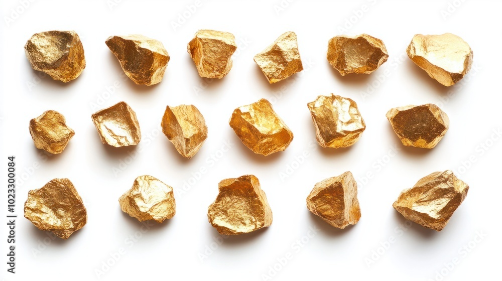 Group of rough-textured gold nuggets arranged on a clean white background Group of rough-textured gold nuggets arranged on a clean white background