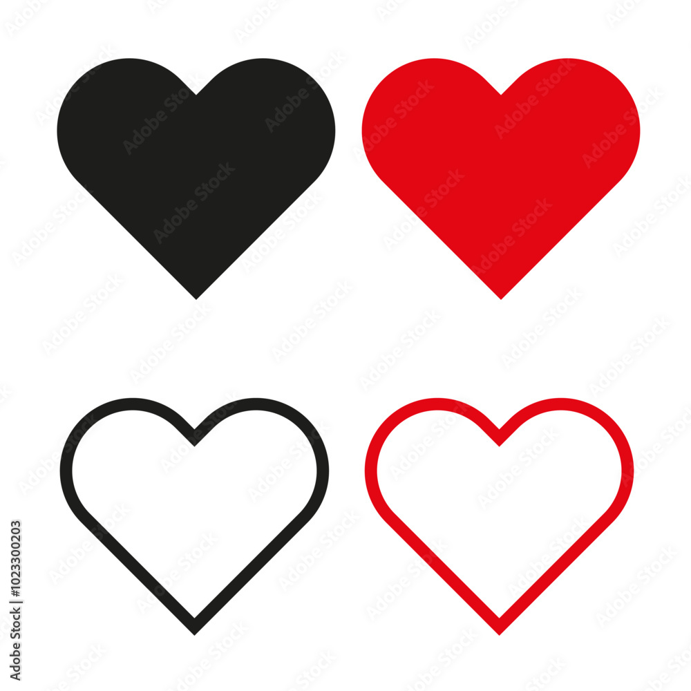 Full heart and in line. Heart in different colors. Flat style for graphic and web design.