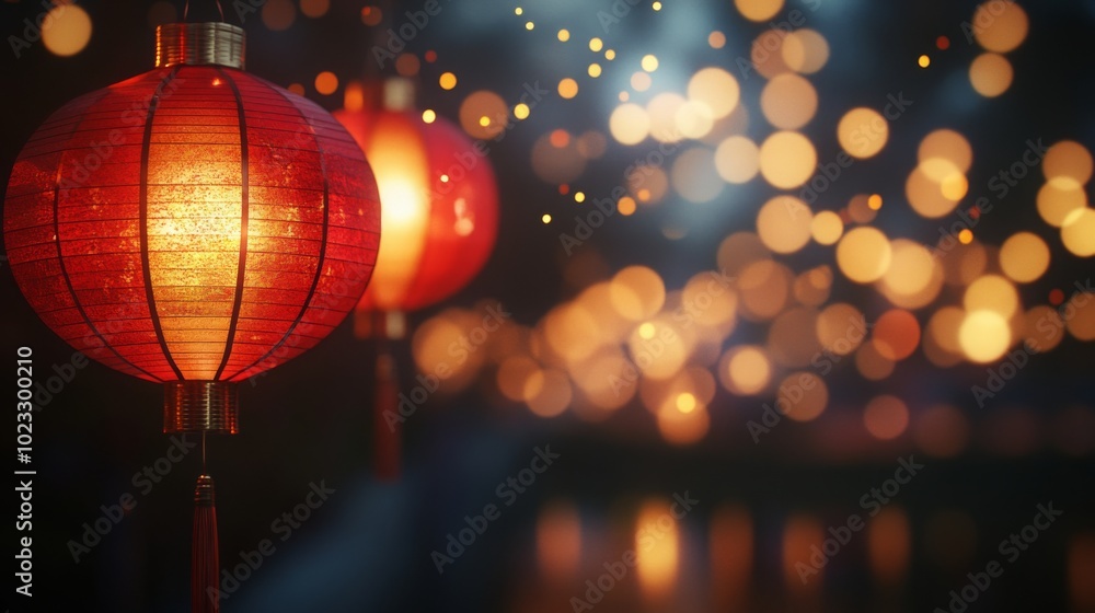 Beautiful red paper lanterns hanging in a line, glowing softly at night with blurred golden sparkles in the background, celebrating a festive night. Beautiful red paper lanterns hanging in a line, glowing softly at night with blurred golden sparkles in the background, celebrating a festive night.