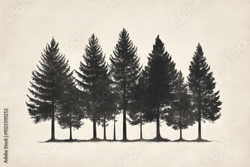 A row of six silhouetted evergreen trees against a light beige background