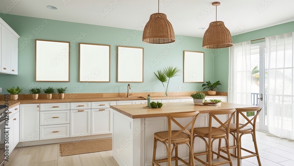 Fototapeta premium Cozy tropical kitchen interior design with poster frame