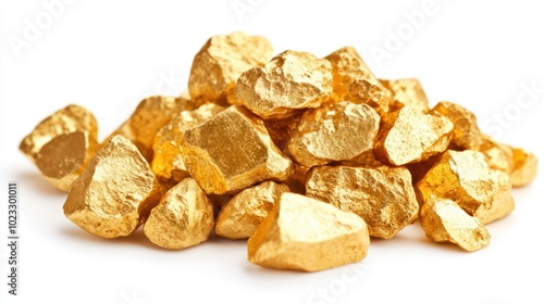 Pile of textured gold nuggets in various sizes arranged on a clean white background