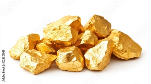 Pile of uncut gold nuggets with rough surfaces on a clean white backdrop