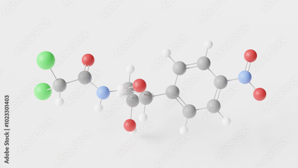 chloramphenicol molecule 3d, molecular structure, ball and stick model, structural chemical formula antibiotic chloramphenicol molecule 3d, molecular structure, ball and stick model, structural chemical formula antibiotic