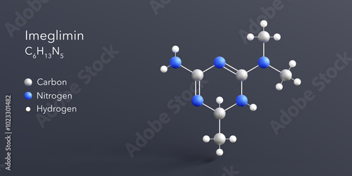 imeglimin molecule 3d rendering, flat molecular structure with chemical formula and atoms color coding photo