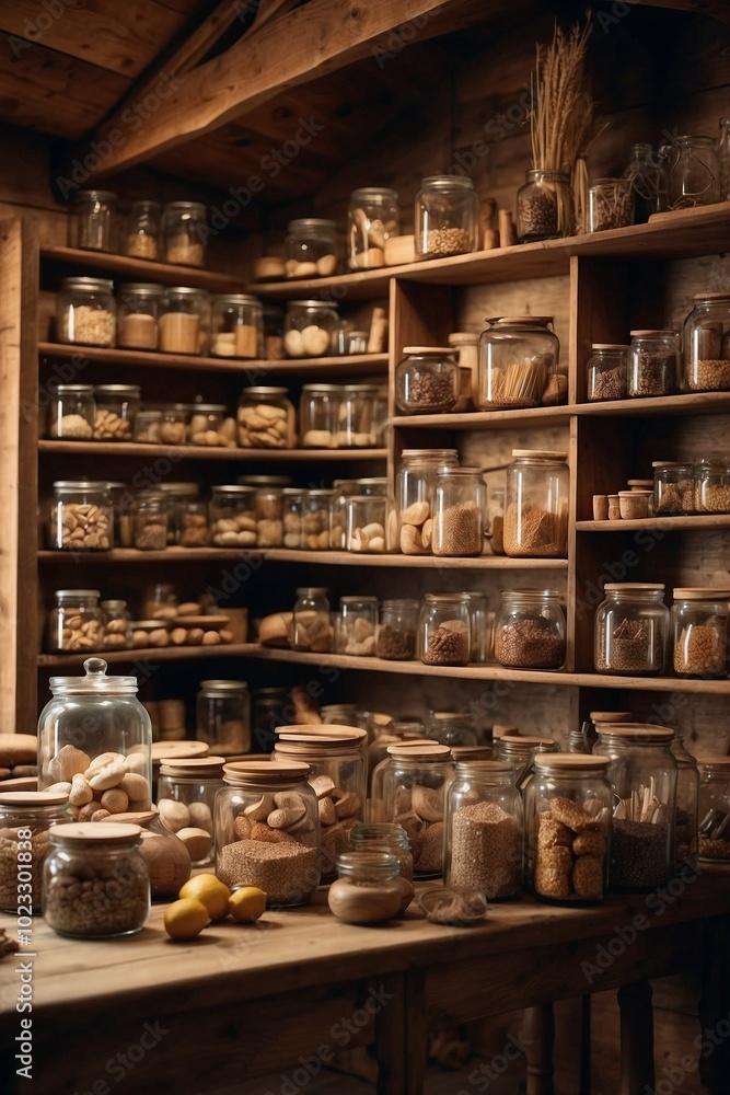Food Storage Room in a Wooden House with Cozy Wooden Shelves Filled with Glass Jars of Preserves Food Storage Room in a Wooden House with Cozy Wooden Shelves Filled with Glass Jars of Preserves