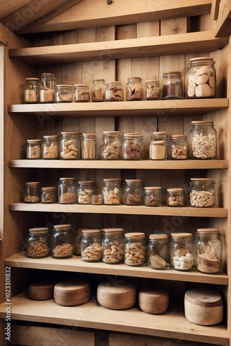 Food Storage Room in a Wooden House with Cozy Wooden Shelves Filled with Glass Jars of Preserves