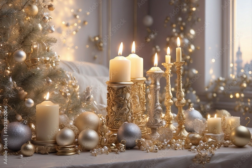 Christmas Scene with Candles and Ornaments, Radiating the Shine of Silver and Gold Accents Christmas Scene with Candles and Ornaments, Radiating the Shine of Silver and Gold Accents