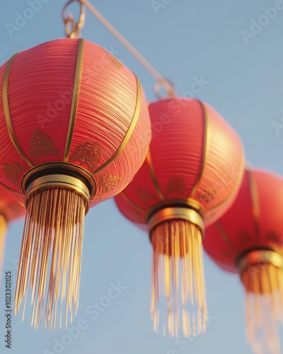 Close-up of bright red lanterns with golden tassels, floating in the evening air under soft lighting, against a clear blue sky