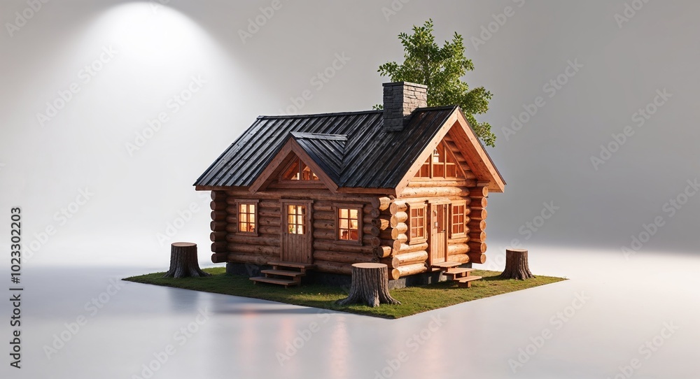 Mini model wooden log cabin house with tree stump detail on plain white background Mini model wooden log cabin house with tree stump detail on plain white background