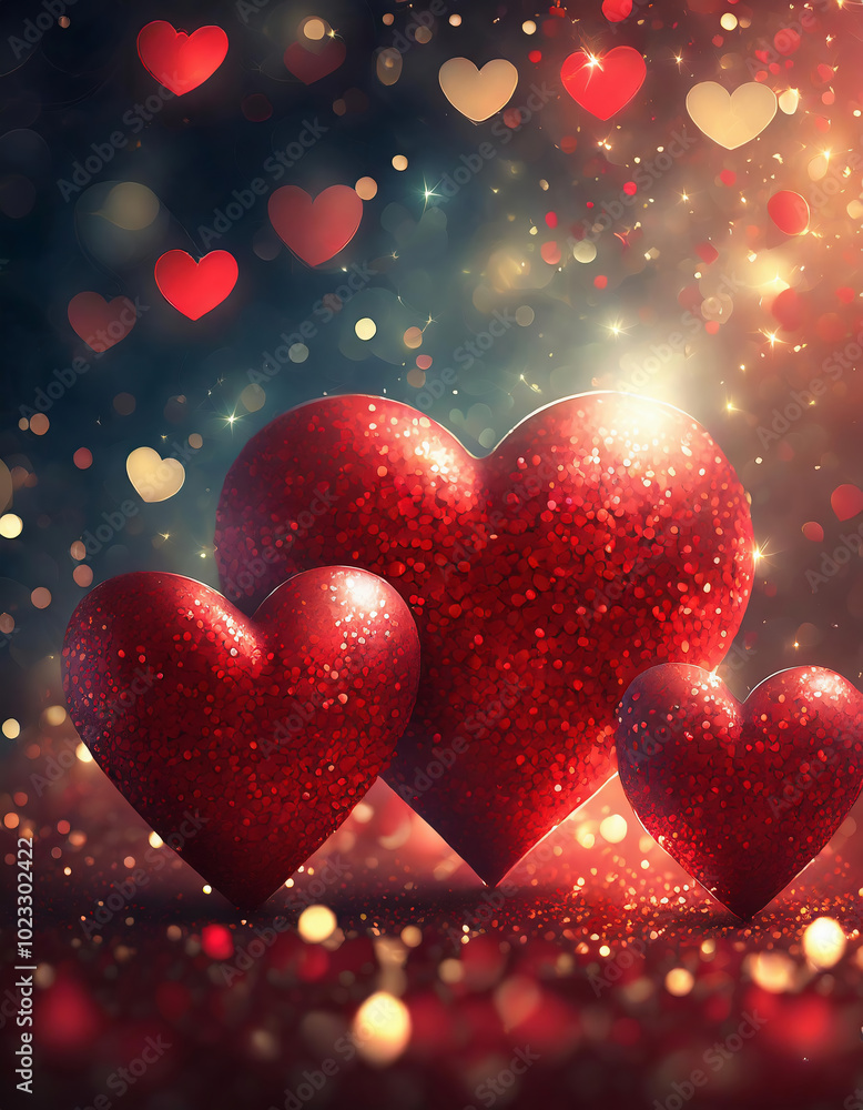 Valentines day background with shiny red hearts and heart-shaped bokeh lights Valentines day background with shiny red hearts and heart-shaped bokeh lights