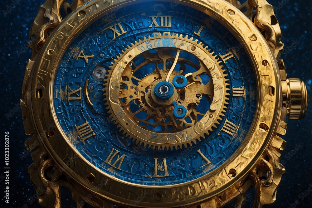 Obraz premium Close-Up of a Luxurious Clock Dial Featuring Gilded Mechanisms and Designed Gears