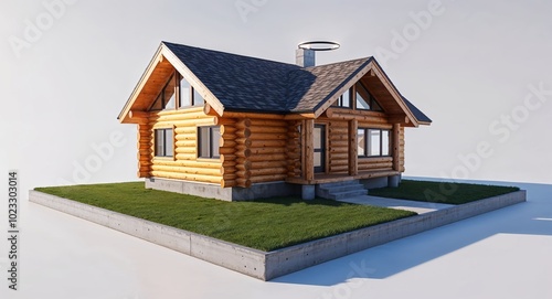 Modern log cabin house with concrete foundation on plain white background