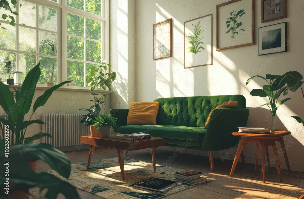 Sunlit Living Room with Green Sofa and Plants Sunlit Living Room with Green Sofa and Plants