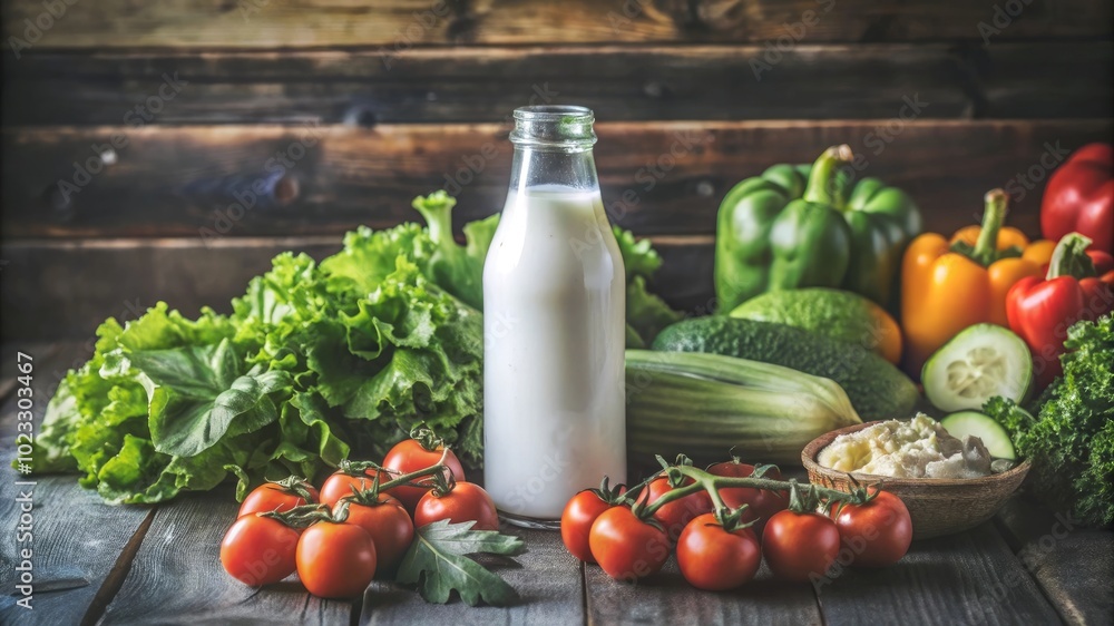 A bottle of milk sits on a table next to a variety of vegetables including tomatoes, cucumbers, and lettuce A bottle of milk sits on a table next to a variety of vegetables including tomatoes, cucumbers, and lettuce