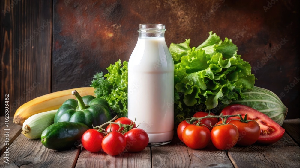 A bottle of milk sits on a table next to a variety of vegetables including tomatoes, cucumbers, and lettuce A bottle of milk sits on a table next to a variety of vegetables including tomatoes, cucumbers, and lettuce