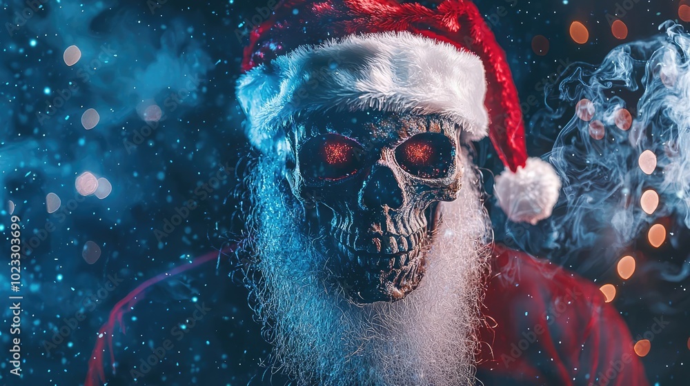 A spooky Santa Claus with a skull face and glowing eyes, perfect for a unique holiday decoration or Halloween-themed artwork. A spooky Santa Claus with a skull face and glowing eyes, perfect for a unique holiday decoration or Halloween-themed artwork.