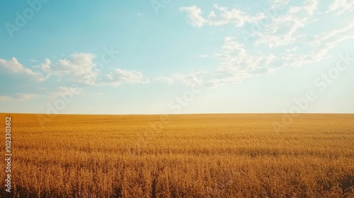 A field of soybean crops stretching into the horizon. Copy space included in the sky