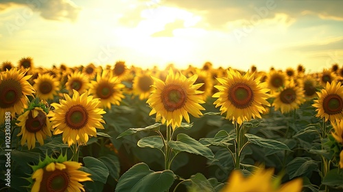 A field of sunflowers in full bloom, with plenty of room for text in the sky