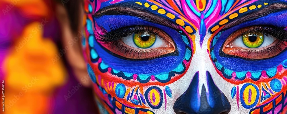 Vibrant close-up of a decorated face with colorful sugar skull makeup, celebrating a cultural tradition of remembrance and artistry. Vibrant close-up of a decorated face with colorful sugar skull makeup, celebrating a cultural tradition of remembrance and artistry.