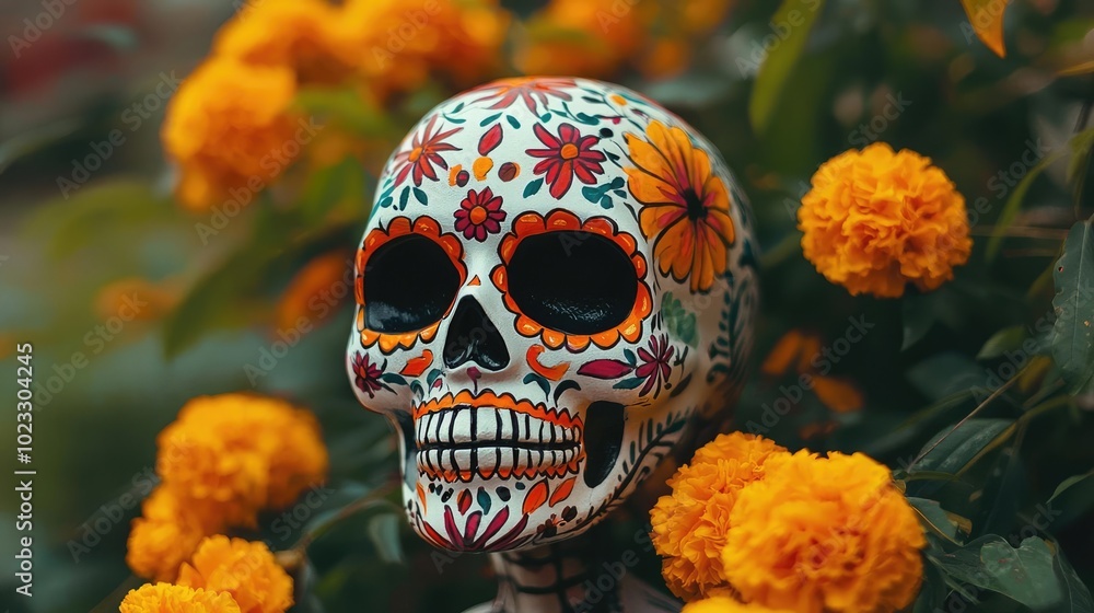 A vibrant decorative skull surrounded by bright marigold flowers, symbolizing the Day of the Dead celebration. A vibrant decorative skull surrounded by bright marigold flowers, symbolizing the Day of the Dead celebration.