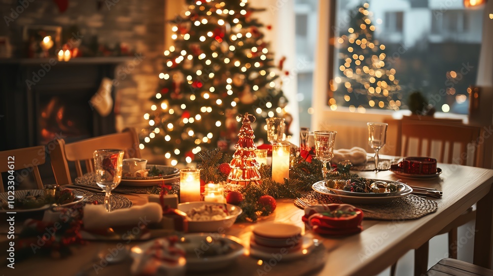 A festive Christmas dining table with candles, decorations, and a beautifully decorated Christmas tree in the background. A festive Christmas dining table with candles, decorations, and a beautifully decorated Christmas tree in the background.
