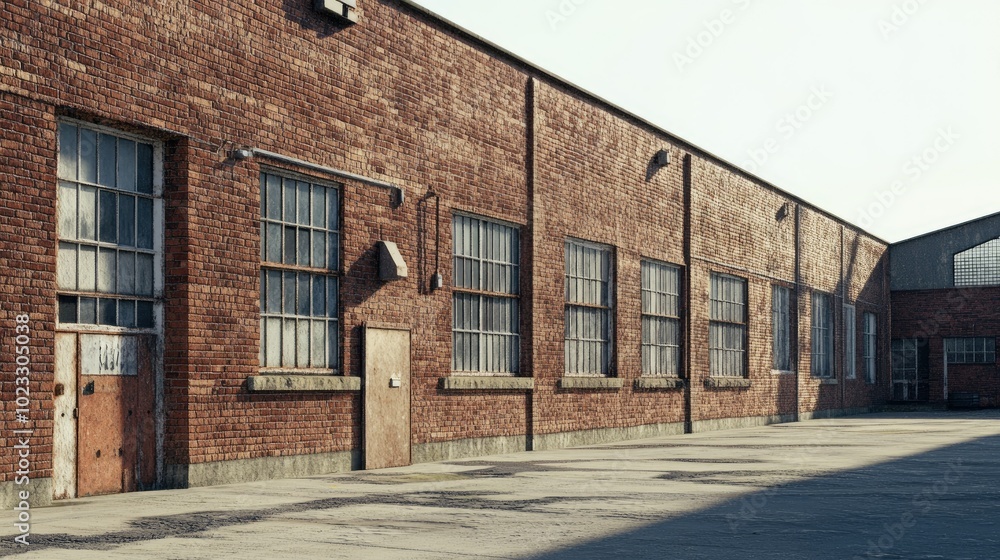 A large brick industrial building with aged textures, set against a clear sky. Empty space for message