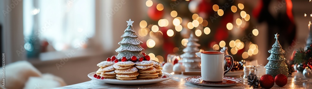 Christmas cookies on a plate with a blurred Christmas tree and lights in the background. Christmas cookies on a plate with a blurred Christmas tree and lights in the background.