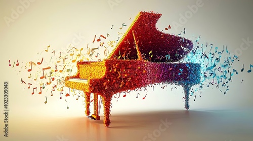 This image features a grand piano with lively, colorful musical notes flying around, capturing the essence of music's dynamism in an abstract form.