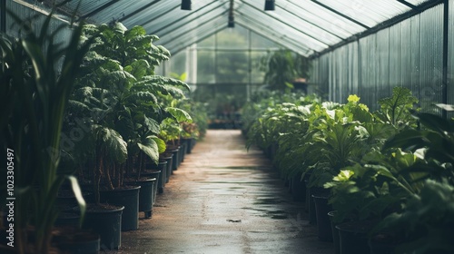 A large, modern greenhouse filled with rows of plants. Plenty of copy space available