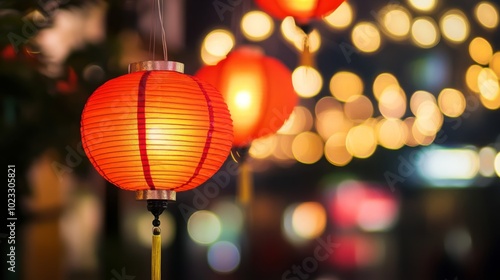 Hanging red lanterns glowing in the night, surrounded by soft bokeh lights and blurred figures in the background, evoking the spirit of a cultural festival.