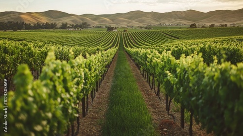 A lush green vineyard with rows of grapevines stretching into the distance. Space for copy included