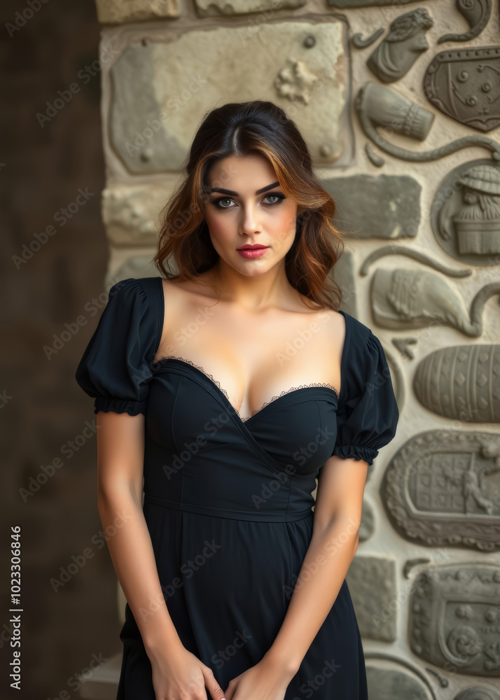Naklejka premium Sexy woman in everyday dress, medieval or renaissance setting, she is beautiful but rustic, aristocratic beauty in the appearance of a village girl, beautiful medieval girl with low cut dress