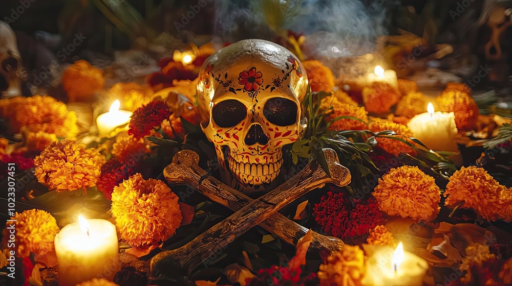 A vibrant skull adorned with flowers and candles, symbolizing the celebration of life and death in a colorful, festive atmosphere. A vibrant skull adorned with flowers and candles, symbolizing the celebration of life and death in a colorful, festive atmosphere.