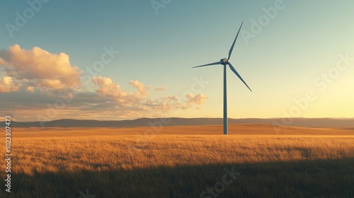 A modern wind turbine in the middle of a large field, with ample space for text in the sky