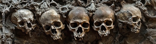 A detailed view of ancient skulls arranged in a row, showcasing unique textures and historical significance.