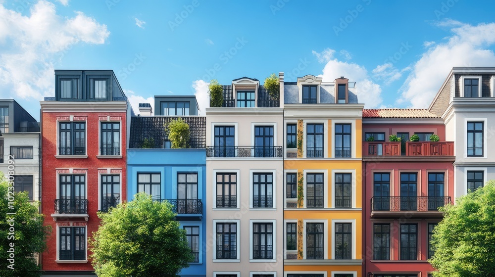 Fototapeta premium A row of colorful townhouses in a charming European neighborhood. Space for text in the sky