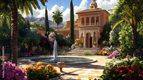 Andalusian palace gardens, a blend of moorish and spanish heritage, summertime in ancient europe. Moorish Palace. Illustration photo