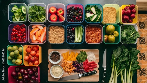 Colorful And Healthy Meal Prep With Fresh Fruits Vegetables And Grains Arranged In Containers For A Balanced Plant-Based Diet