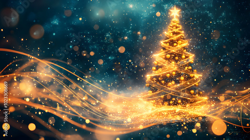 A shimmering golden Christmas tree surrounded by swirling light patterns and sparkling stars against a dark blue background. photo