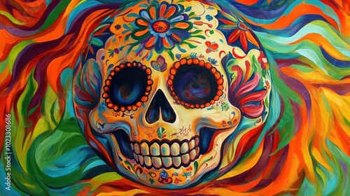 Vibrant and colorful sugar skull artwork featuring floral designs and vivid patterns, celebrating life and culture.