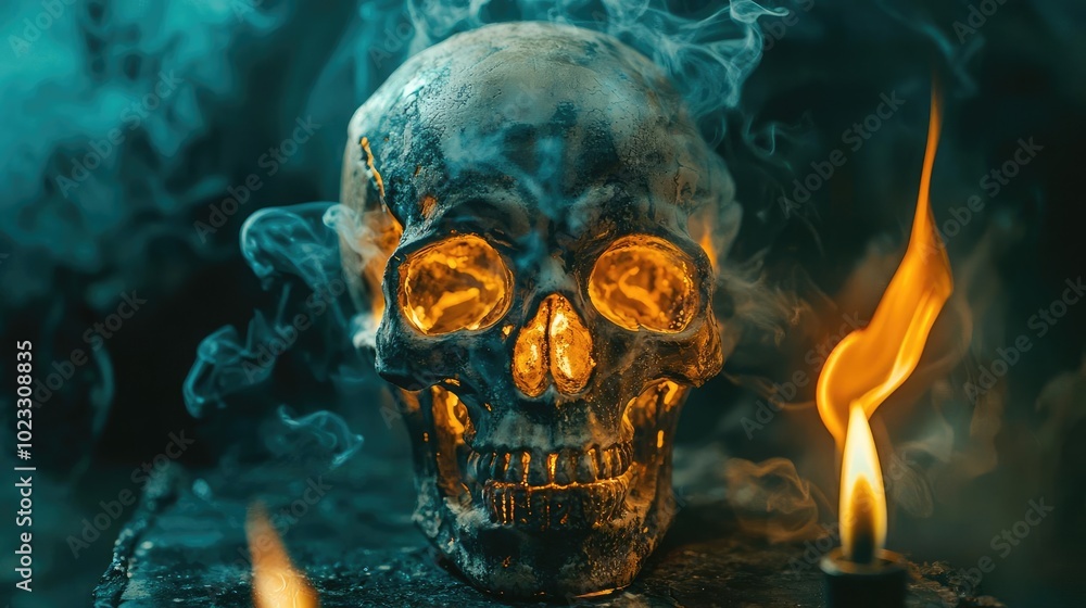 A captivating skull illuminated by flickering flames and enveloped in ethereal smoke, creating a haunting yet mesmerizing effect. A captivating skull illuminated by flickering flames and enveloped in ethereal smoke, creating a haunting yet mesmerizing effect.