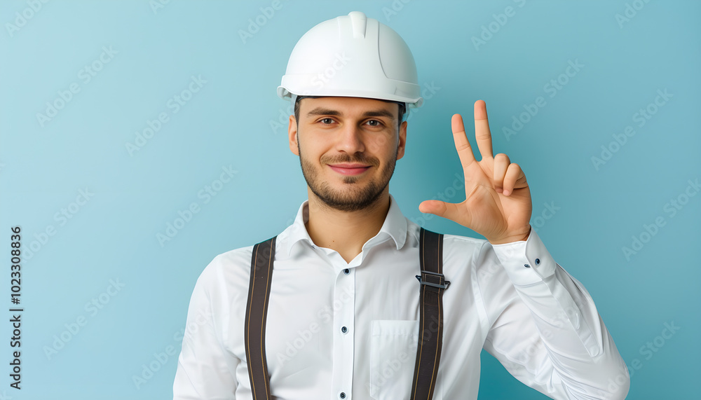Architect in hard hat with drafts showing ok gesture on light blue background Architect in hard hat with drafts showing ok gesture on light blue background
