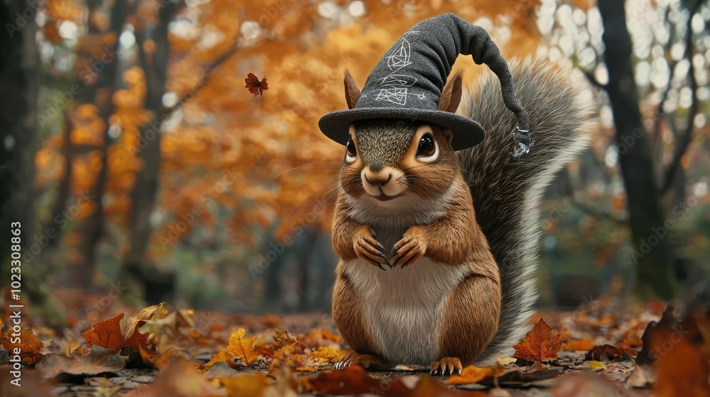 A cute squirrel wearing a witch hat stands in a picturesque autumn forest, surrounded by colorful leaves. A cute squirrel wearing a witch hat stands in a picturesque autumn forest, surrounded by colorful leaves.