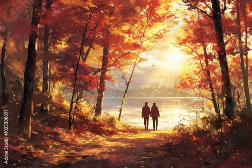 Couple walking in the autumn forest trail landscape sunlight outdoors.